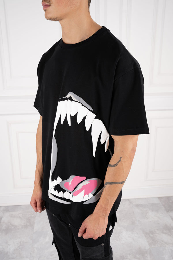 Jaws Puff Print Oversized T-Shirt - Black