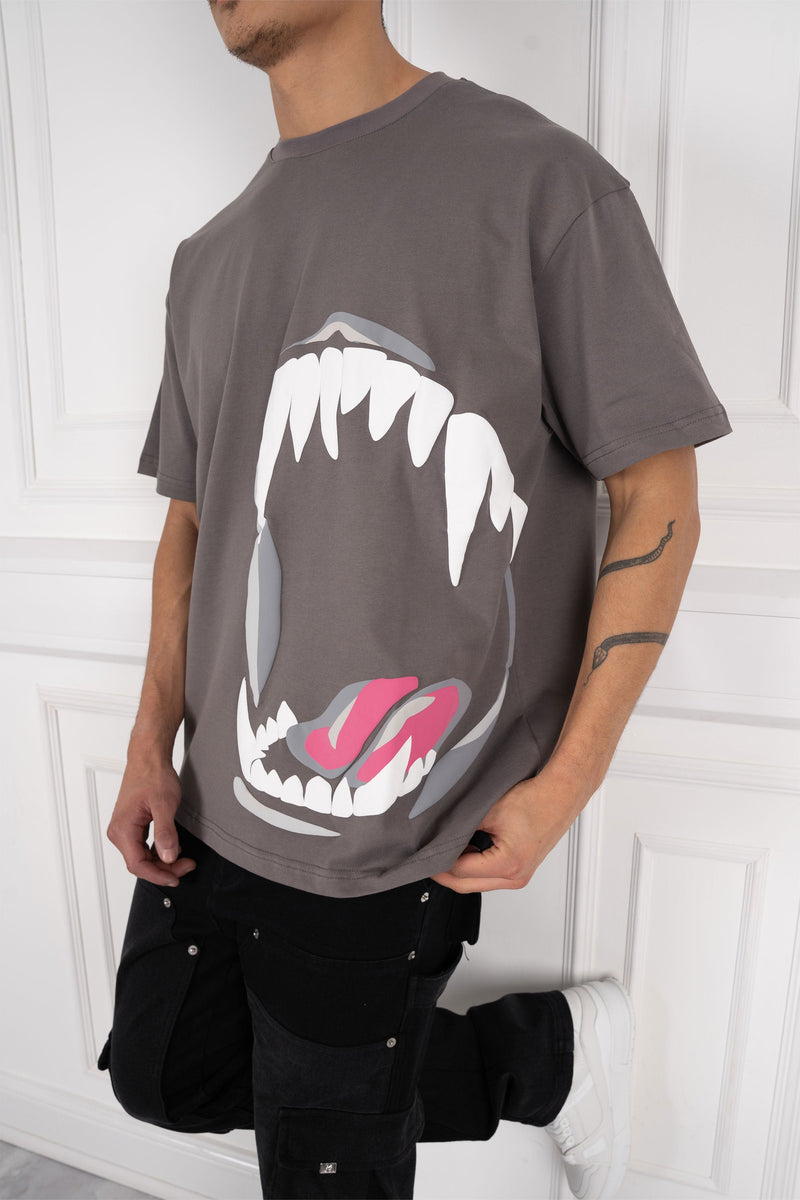 Jaws Puff Print Oversized T-Shirt - Charcoal