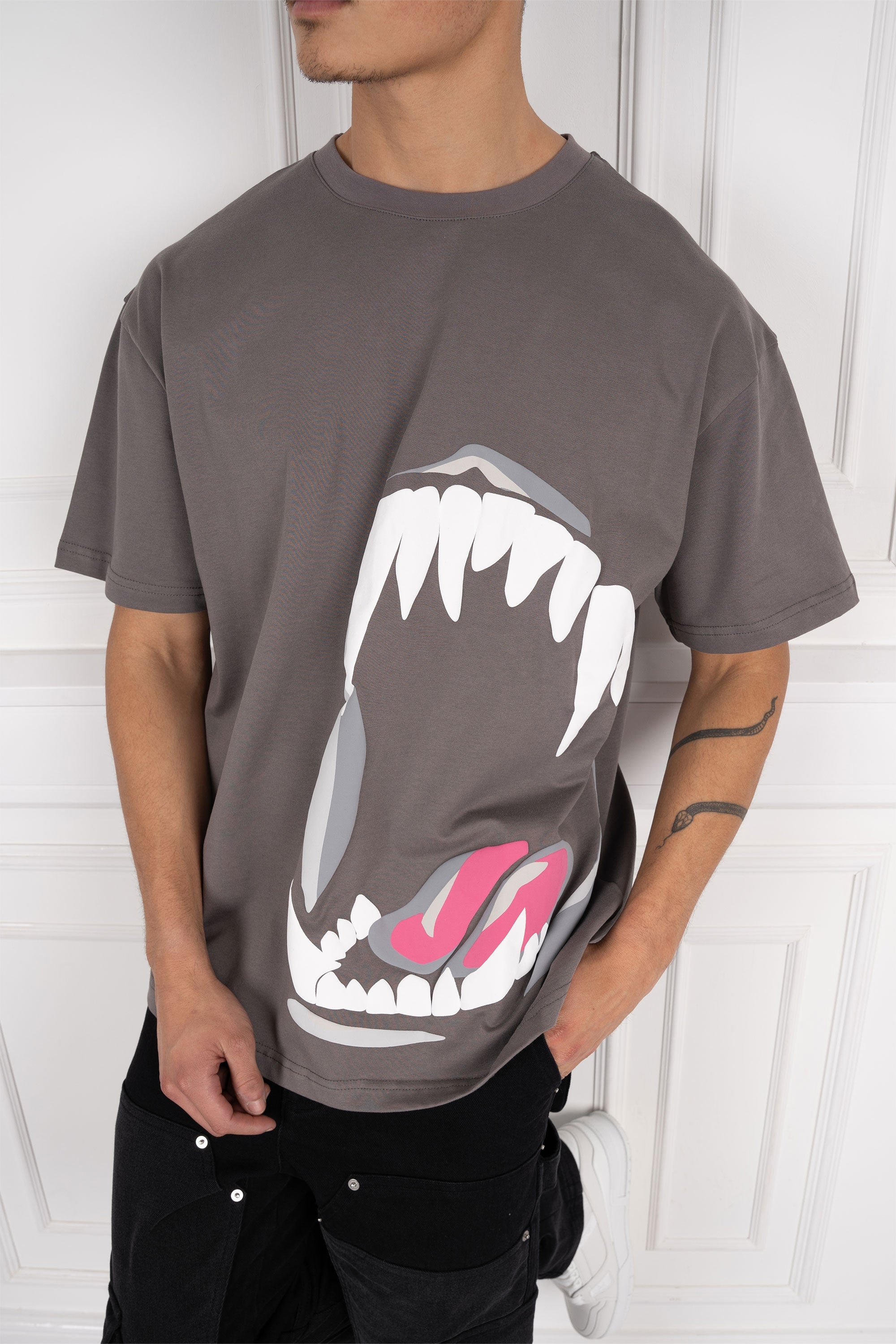 Jaws Puff Print Oversized T-Shirt - Charcoal