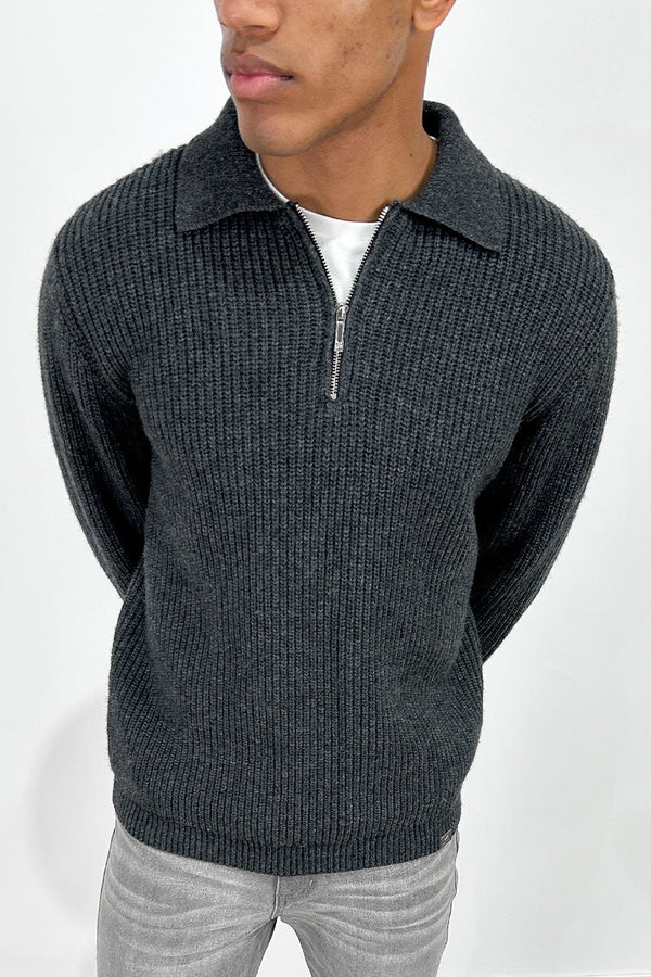 Ribbed Oversized Quarter-Zip Jumper - Light Grey