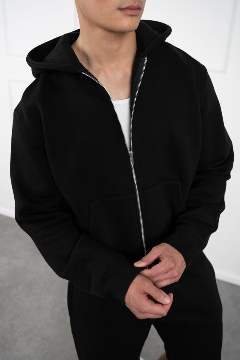 Oversized Boxy Zip Through Hoodie - Black