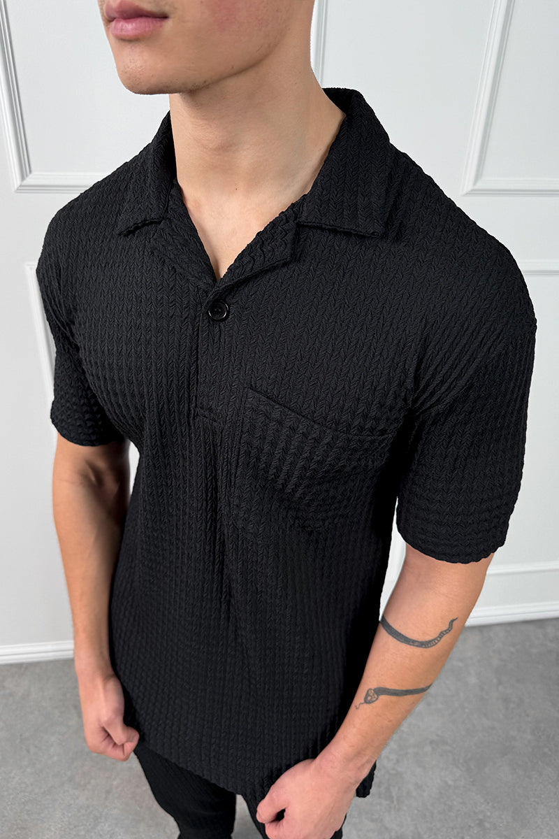 Structured Open Neck Polo - Black