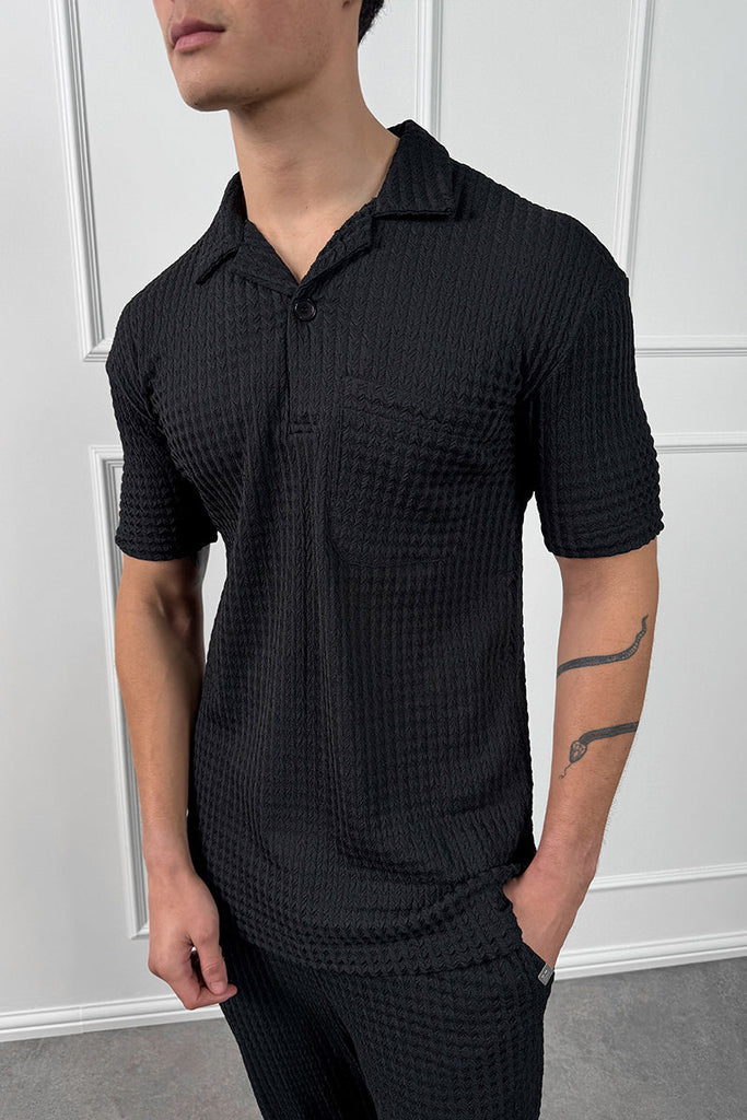 Structured Open Neck Polo - Black