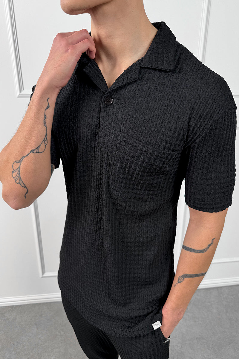 Structured Open Neck Polo - Black