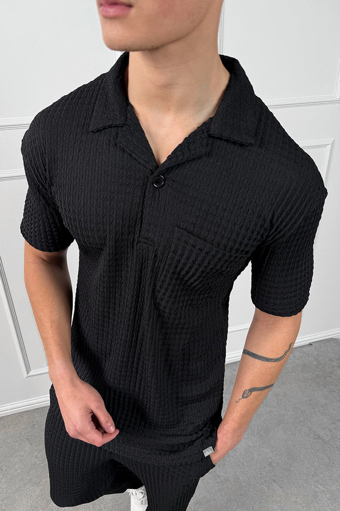 Structured Open Neck Polo - Black