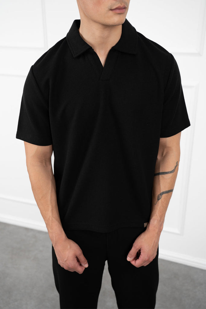 Waffle Boxy Open Neck Polo - Black