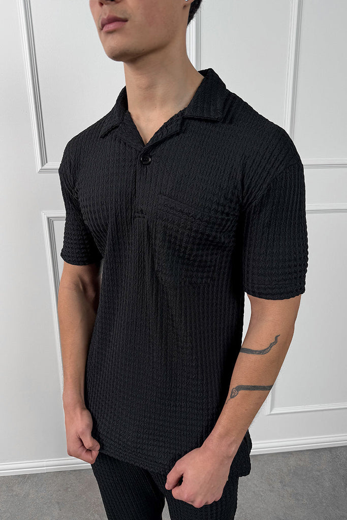 Structured Open Neck Polo - Black