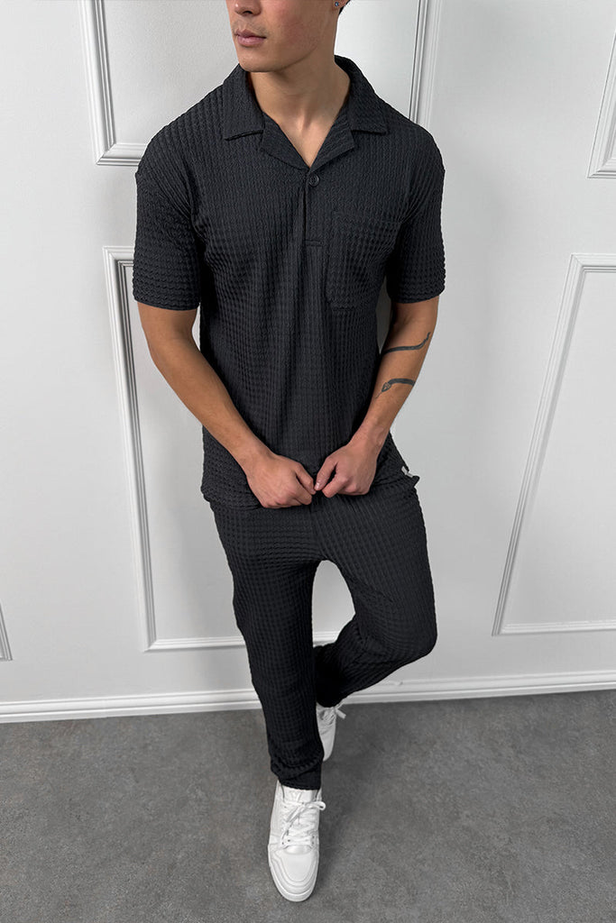 Structured Open Neck Polo - Black