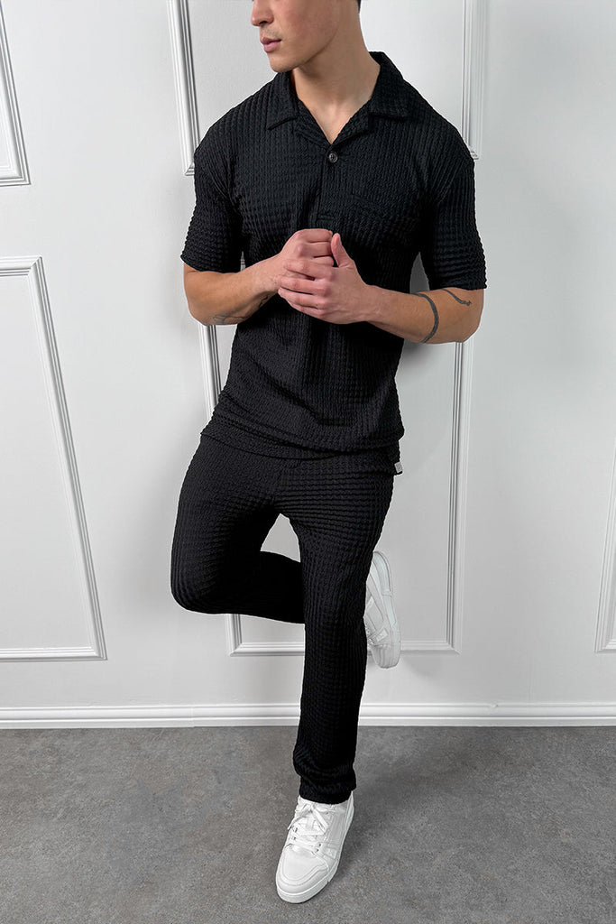 Structured Open Neck Polo - Black