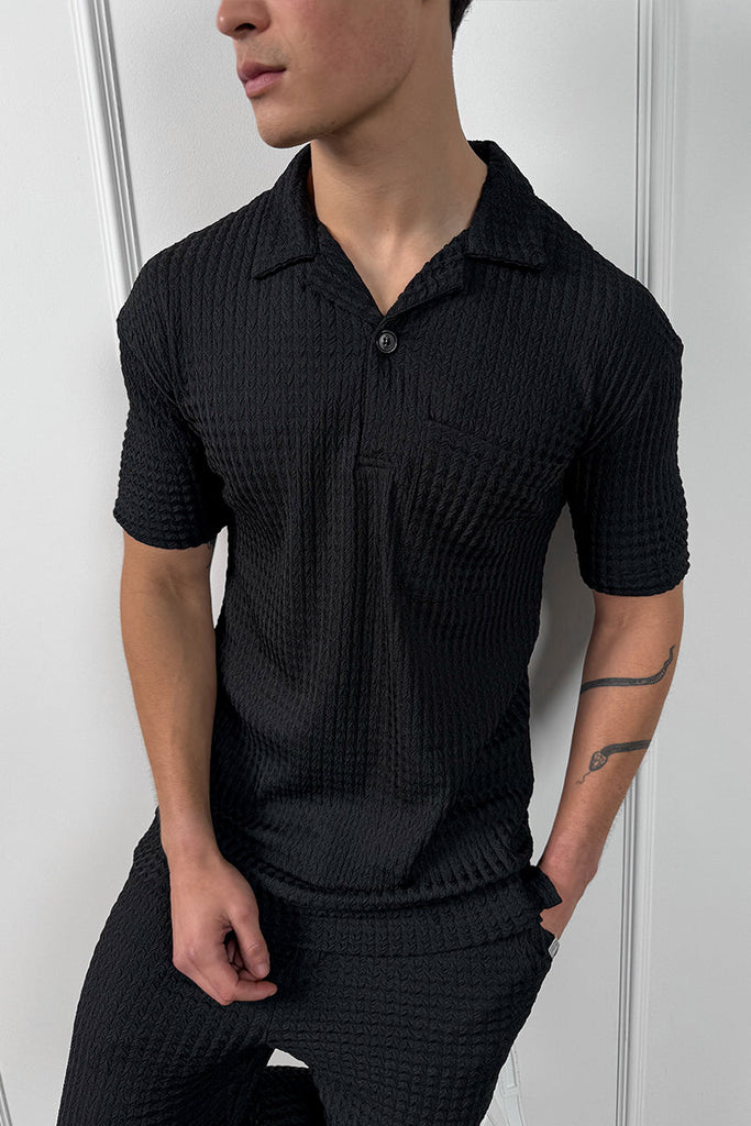 Structured Open Neck Polo - Black