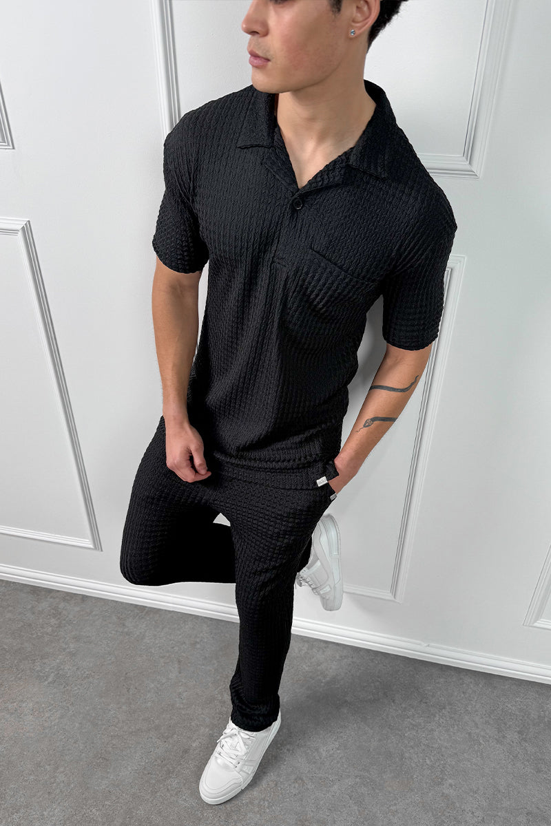 Structured Open Neck Polo - Black