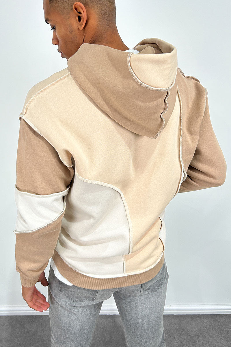 Cut and Sew Panel Double Zip Hoodie - Stone