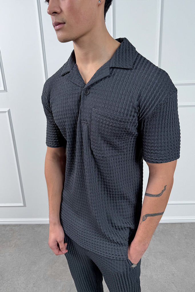 Structured Open Neck Polo - Charcoal