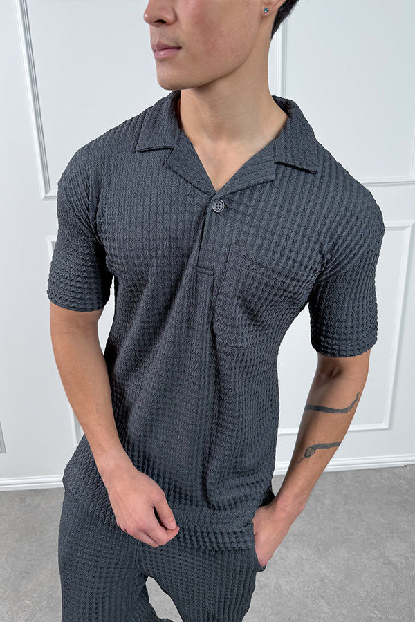 Structured Open Neck Polo - Charcoal