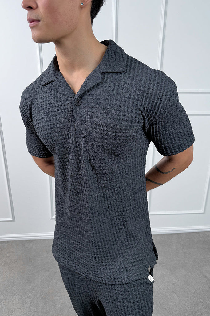 Structured Open Neck Polo - Charcoal