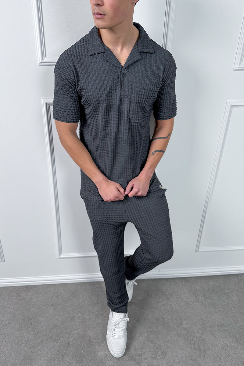 Structured Open Neck Polo - Charcoal