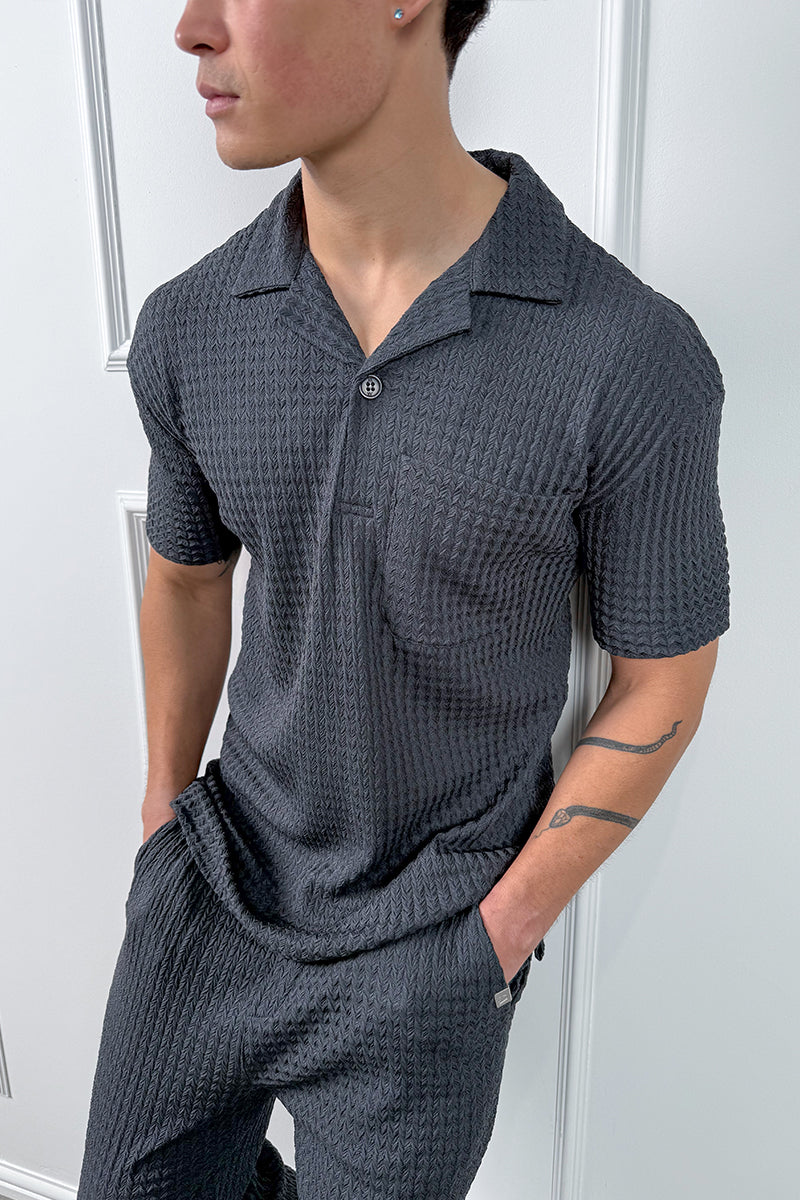 Structured Open Neck Polo - Charcoal