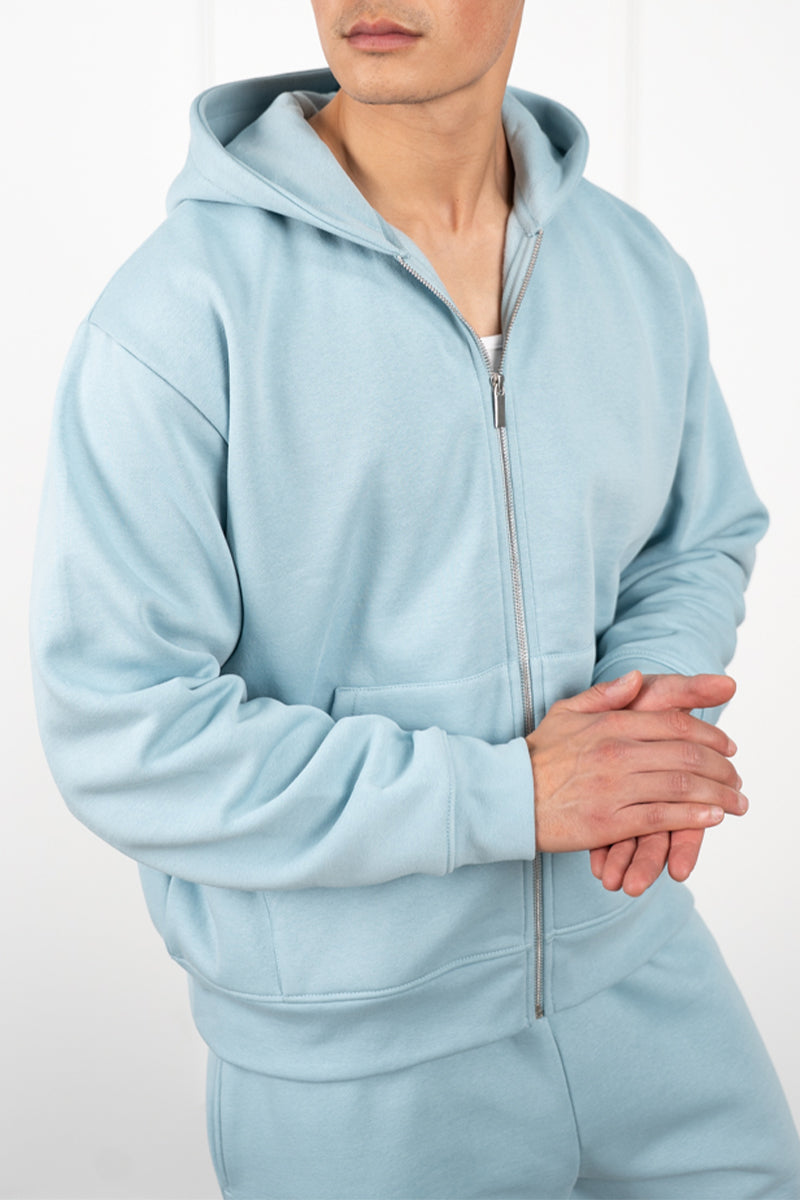 Relaxed Boxy Zip Through Hoodie - Light Blue