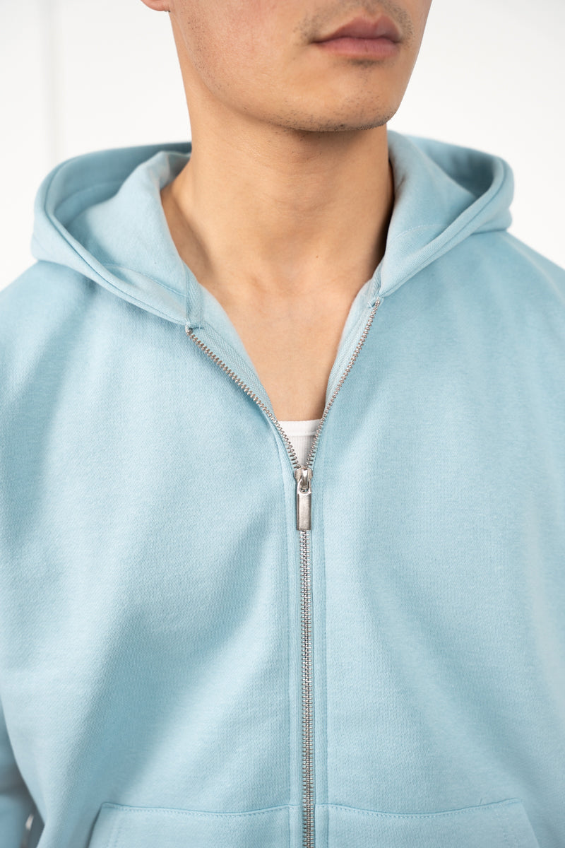 Relaxed Boxy Zip Through Hoodie - Light Blue