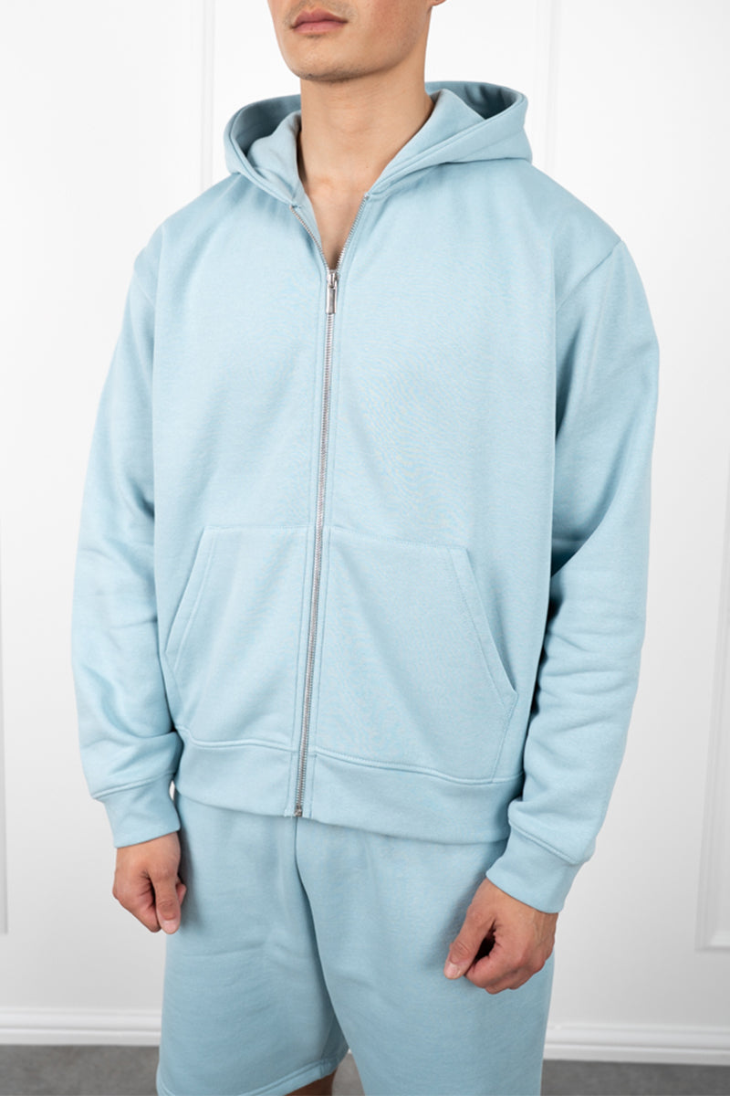 Relaxed Boxy Zip Through Hoodie - Light Blue