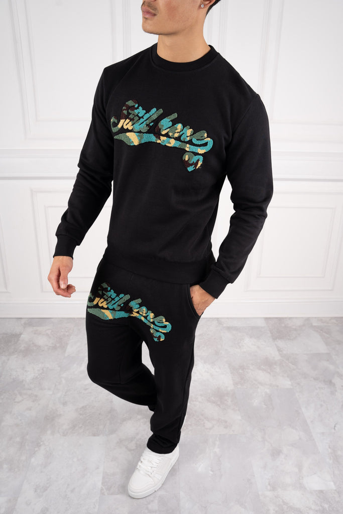 Still Here Varsity Crest Crewneck Tracksuit - Black Camo