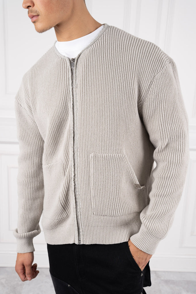 Collarless Ribbed Bomber Jacket - Grey