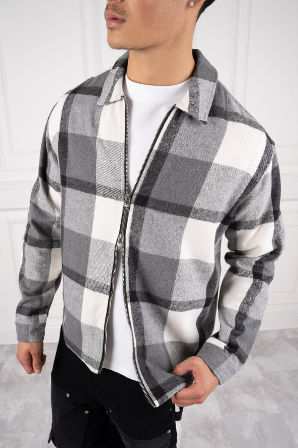 Boxy Checked Zip-Up Shirt - Grey