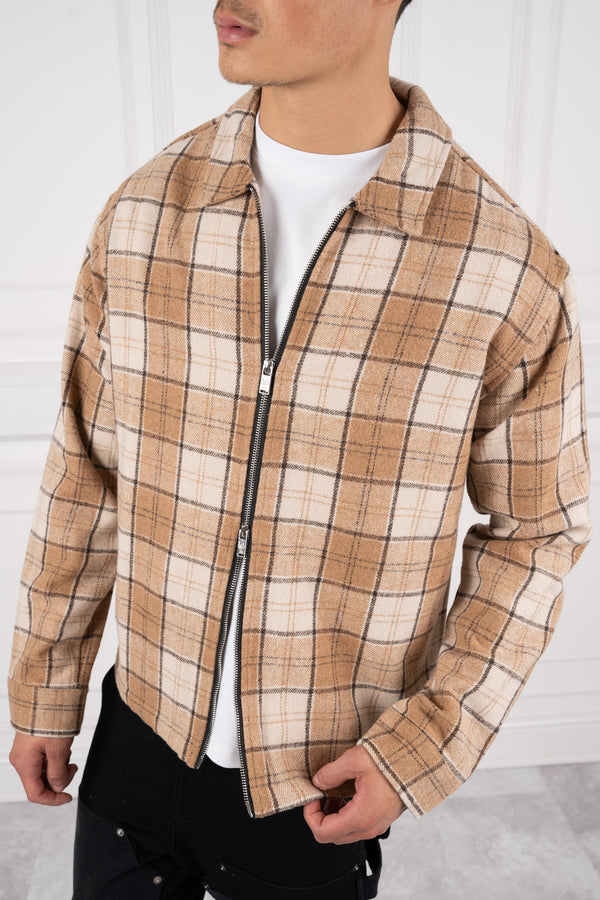 Boxy Checked Double Zip Shirt - Stone