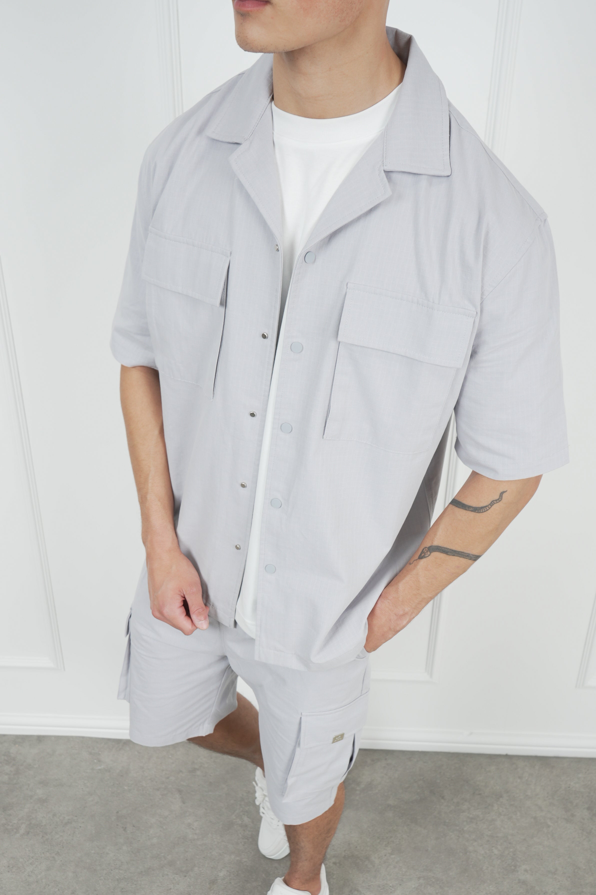 Boxy Ripstop Oversized Shirt - Light Grey