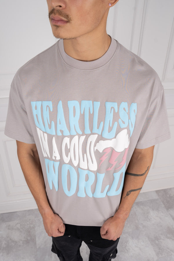 Heartless Oversized Puff Print T-Shirt - Grey