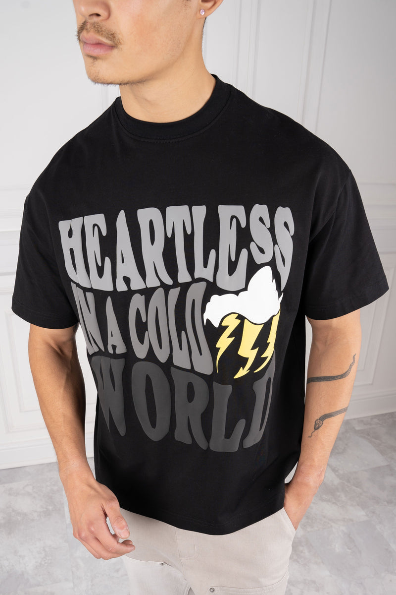 Heartless Oversized Puff Print T-Shirt - Black