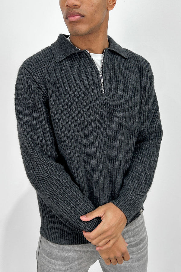 Ribbed Oversized Quarter-Zip Jumper - Light Grey