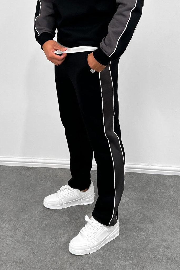 Panelled Piping Straight Leg Joggers - Black