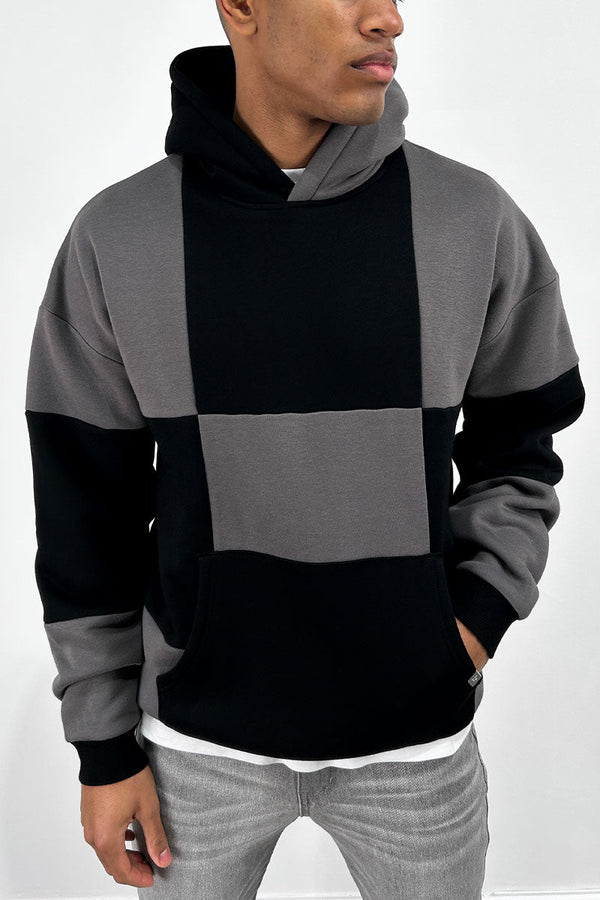 Check Stitch Oversized Hoodie - Black/Charcoal