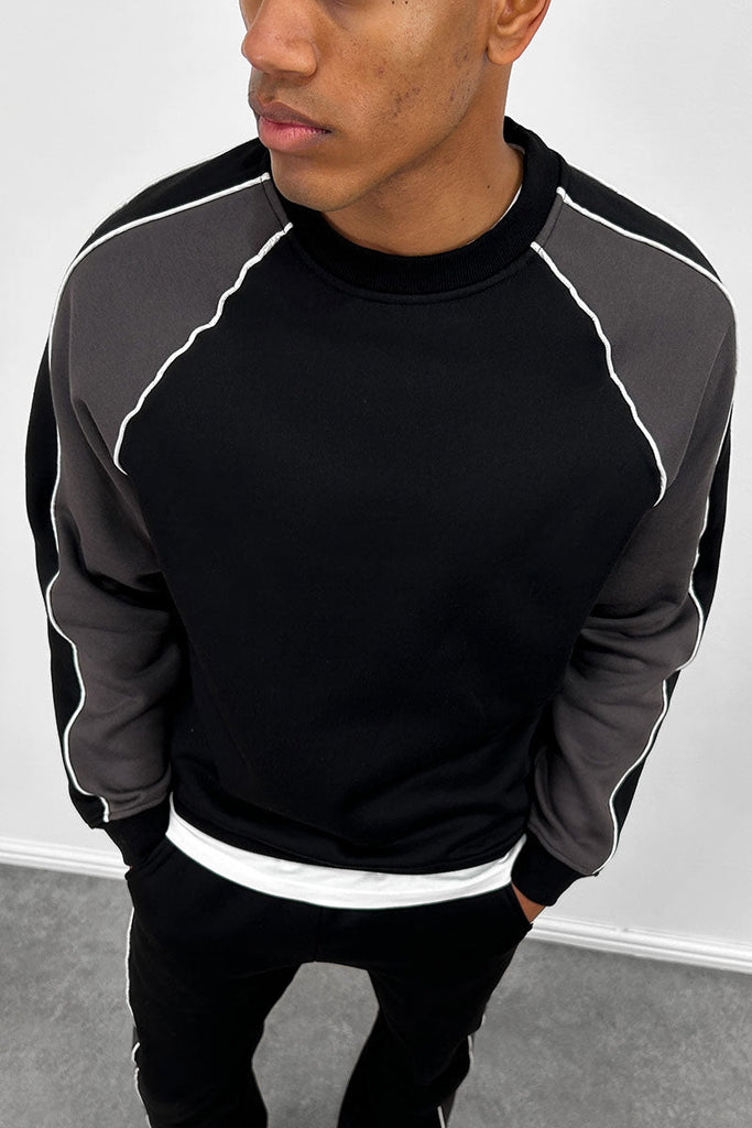 Panelled Piping Crew Neck Sweatshirt - Black