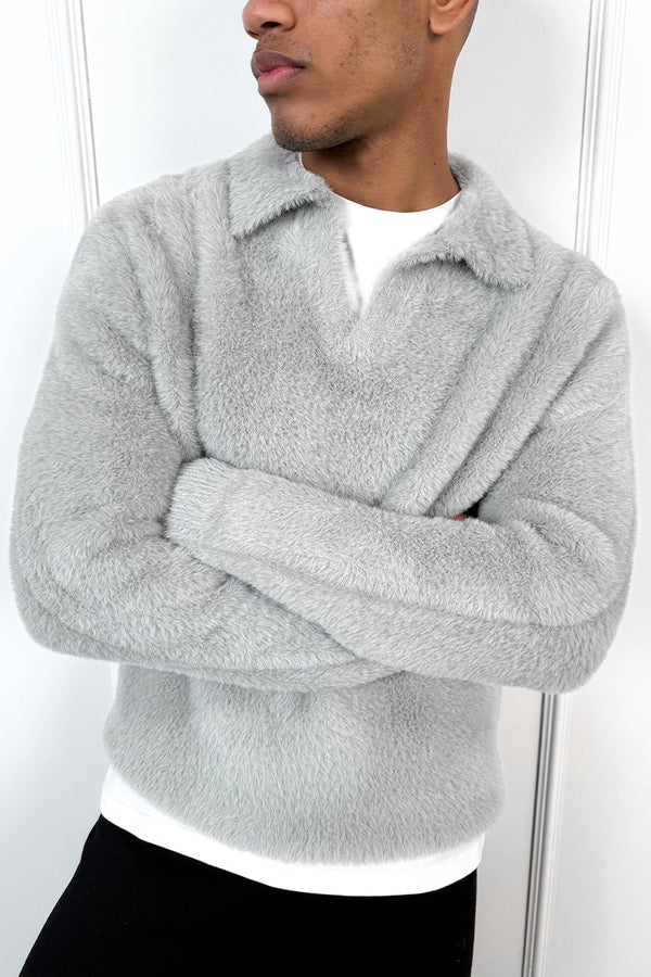 Open Neck Mohair Polo Pullover - Grey