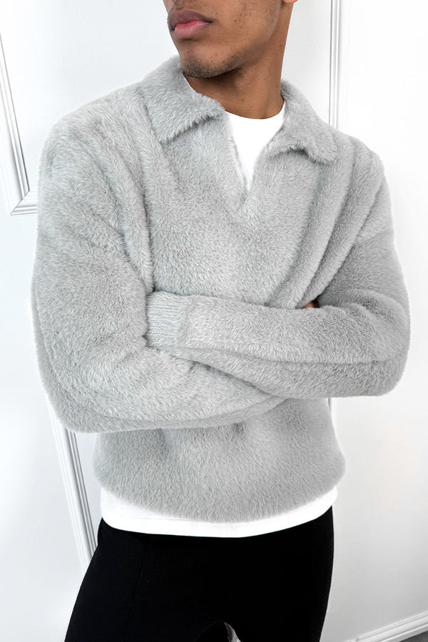 Open Neck Mohair Polo Pullover - Grey