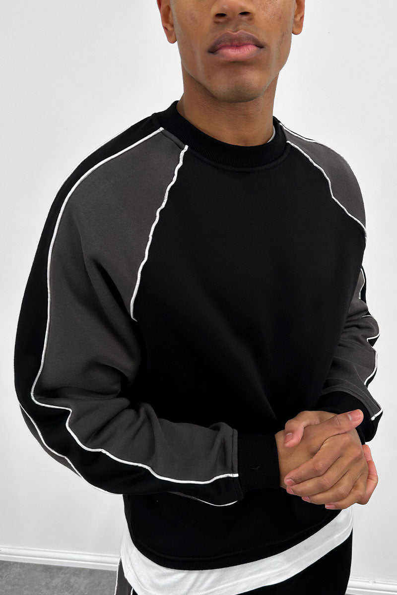 Panelled Piping Crew Neck Sweatshirt - Black