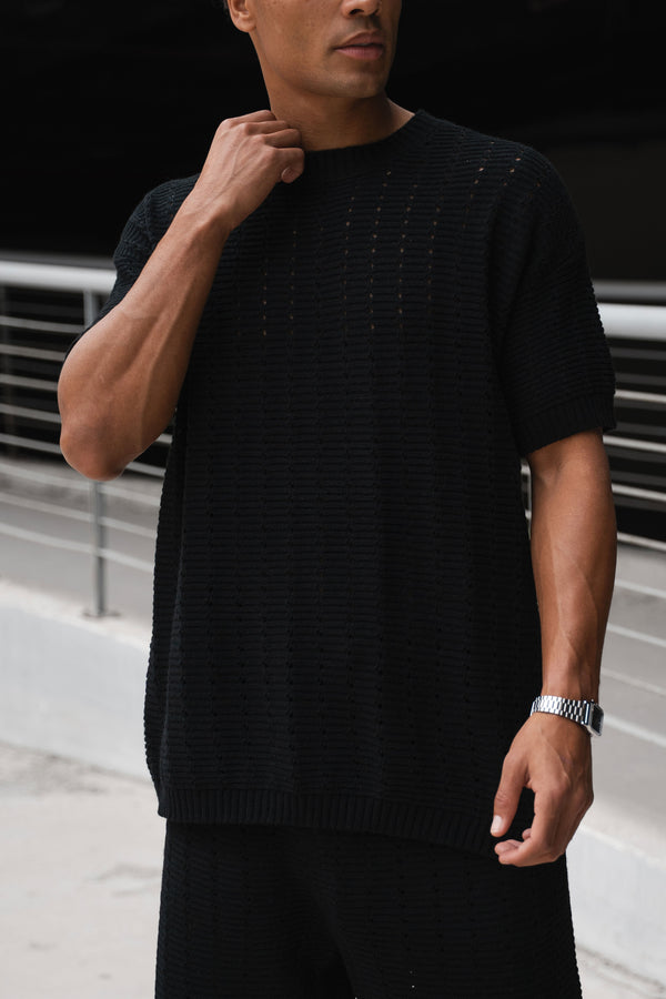 Boxy Hole Knit T-Shirt - Black