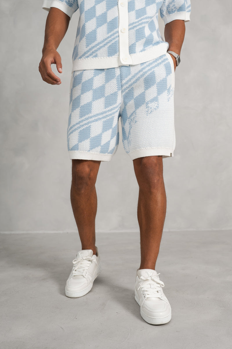 Knitted Checked Shorts - Pale Blue/White