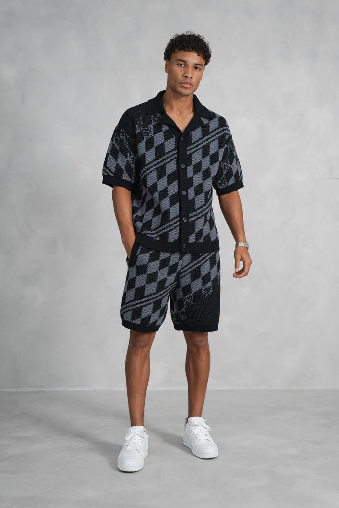 Boxy Checked Knitted Shirt - Black/Charcoal
