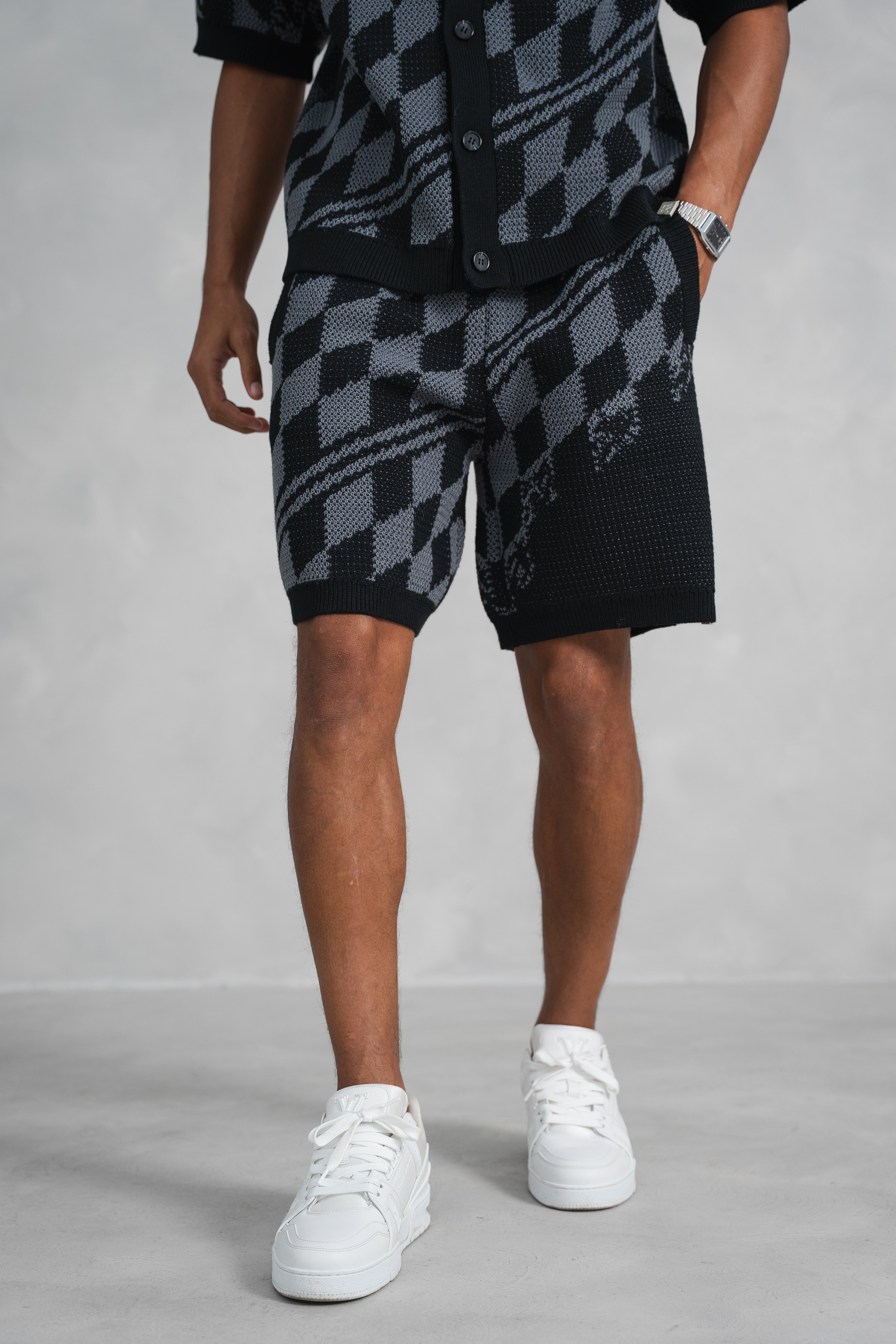 Knitted Checked Shorts - Black/Charcoal