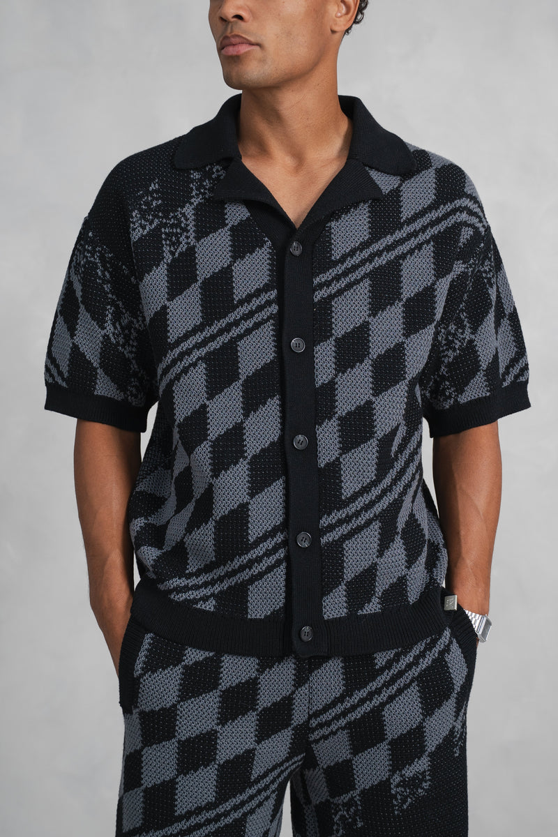 Boxy Checked Knitted Shirt - Black/Charcoal