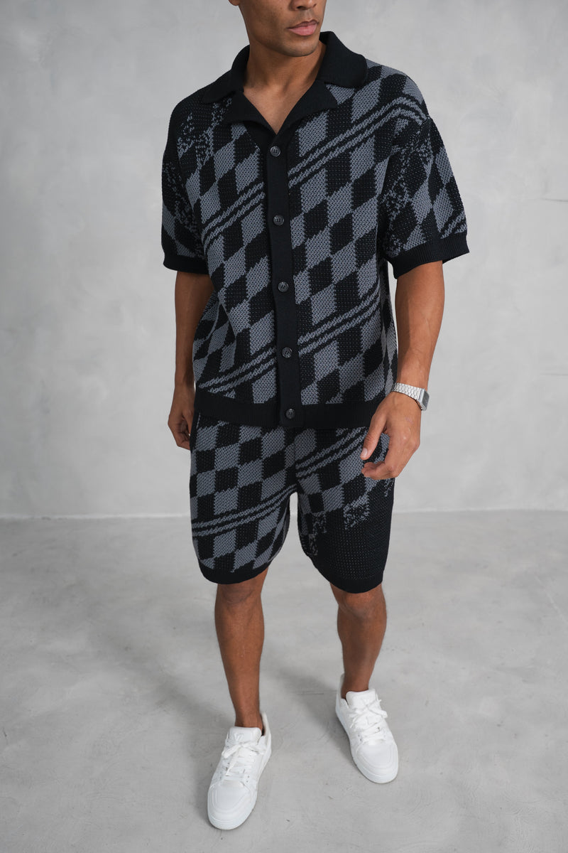 Boxy Checked Knitted Shirt - Black/Charcoal