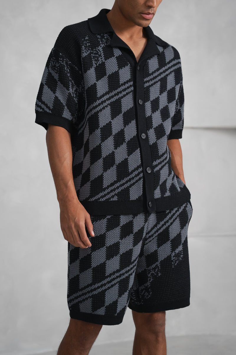 Knitted Checked Shorts - Black/Charcoal