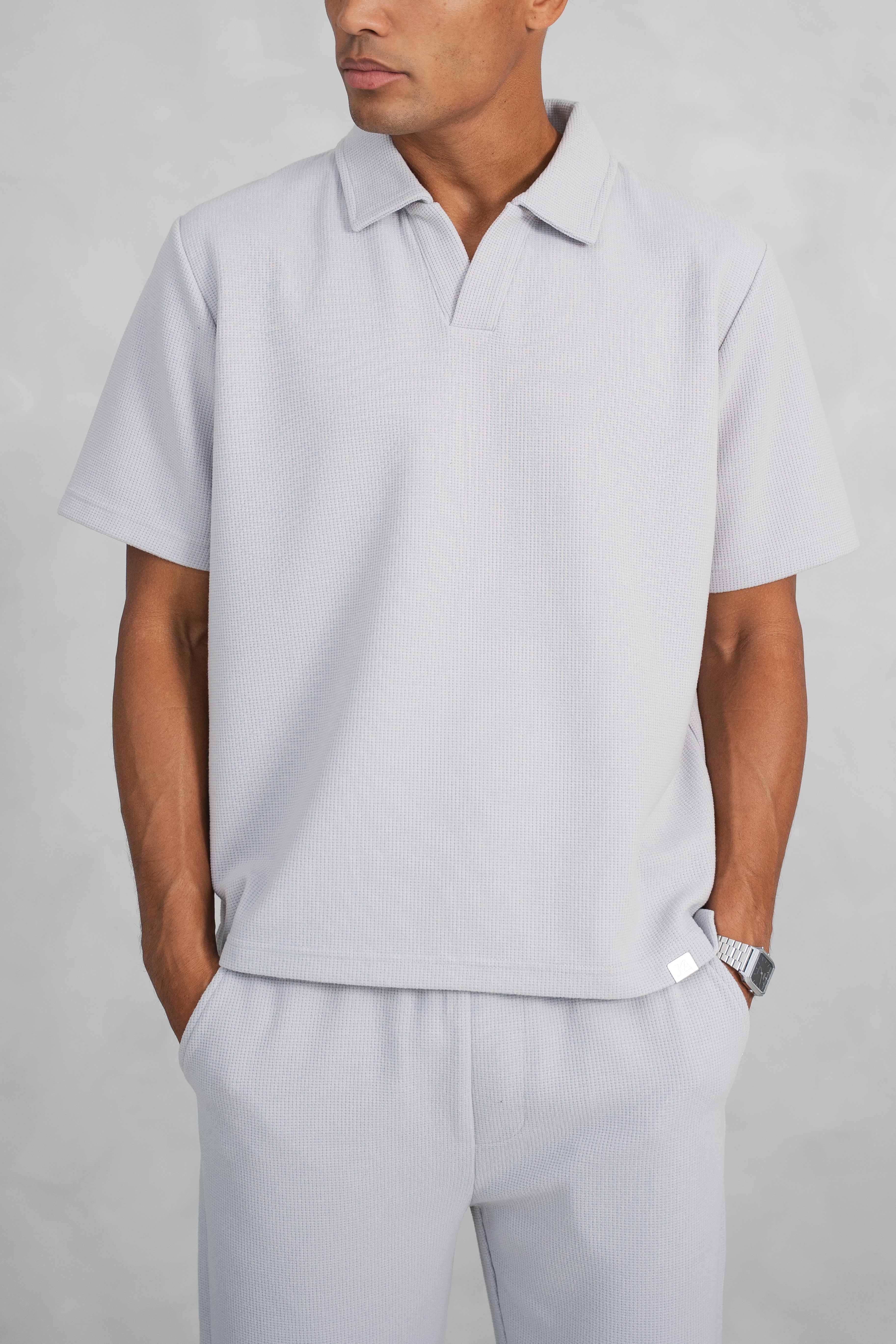 Waffle Boxy Open Neck Polo - Grey