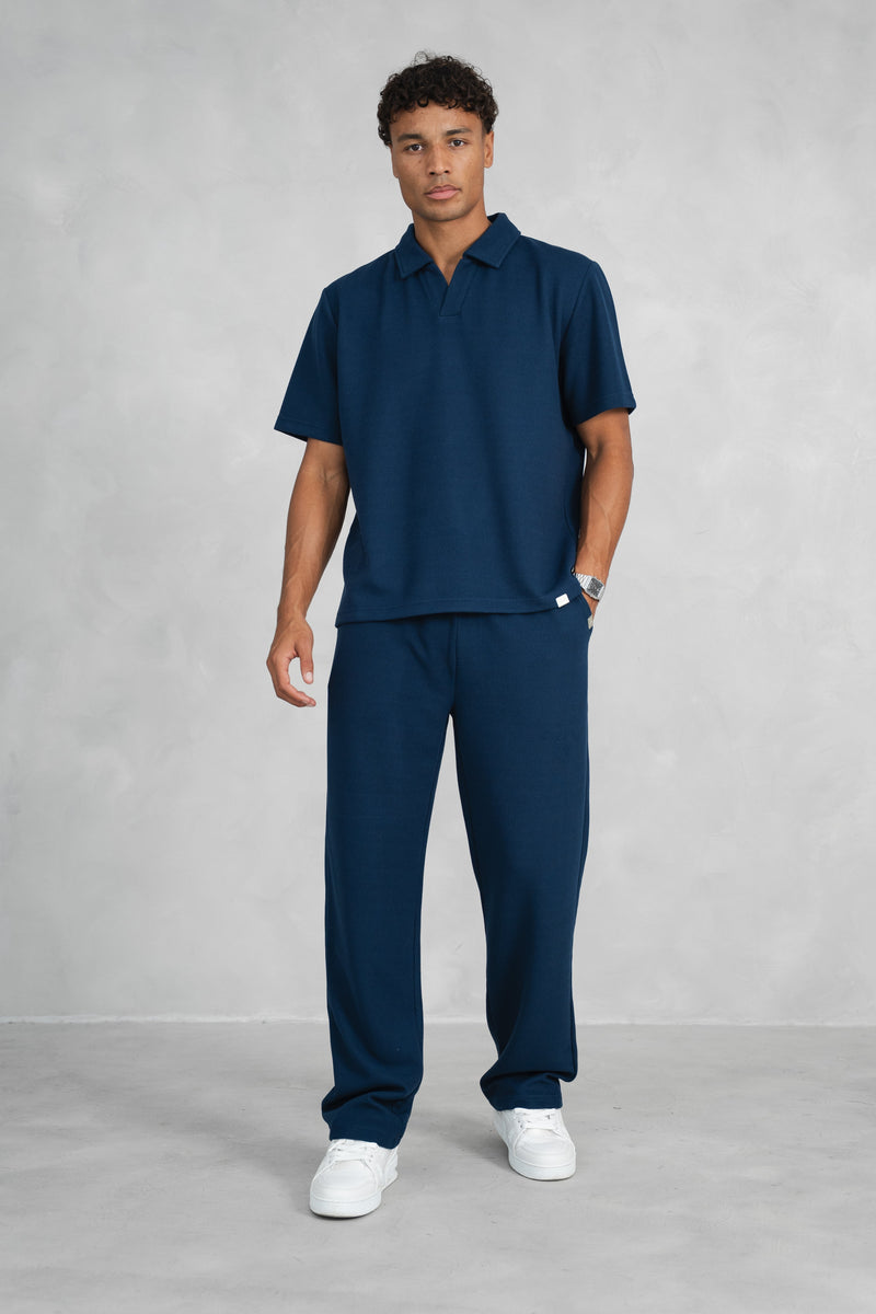 Waffle Boxy Open Neck Polo - Navy
