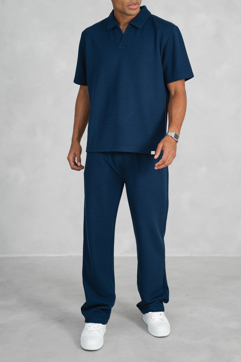 Waffle Boxy Open Neck Polo - Navy