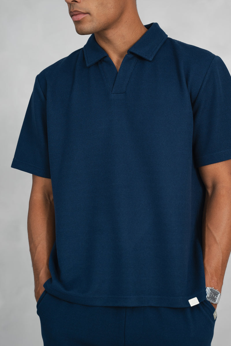 Waffle Boxy Open Neck Polo - Navy