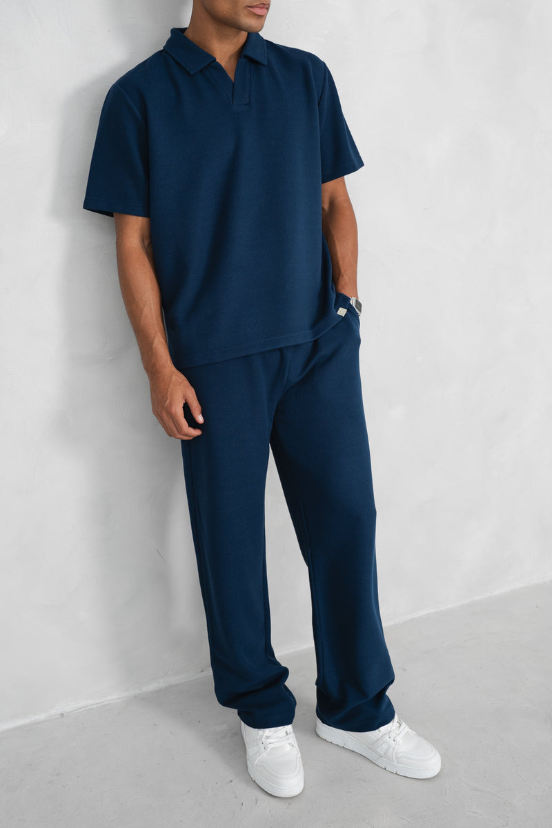 Waffle Boxy Open Neck Polo - Navy